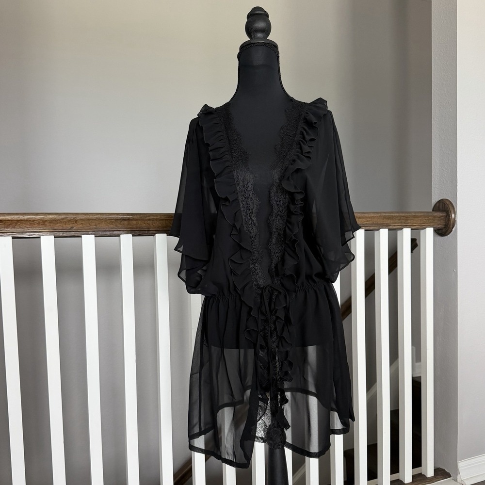 Victoria Secret Sheer Ruffle Lace Black  Tie Top Cardigan Medium Whimsigoth